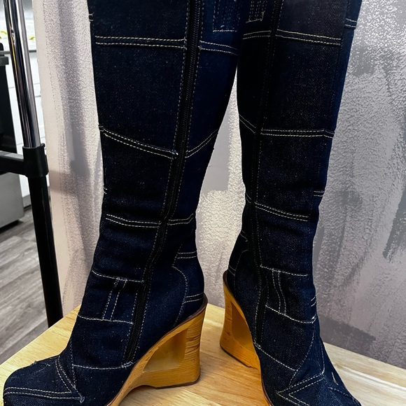 Vintage Splash Patchwork Denim Platform Wedge Boots. Y2K Statement.  Size 7 - Picture 4 of 14